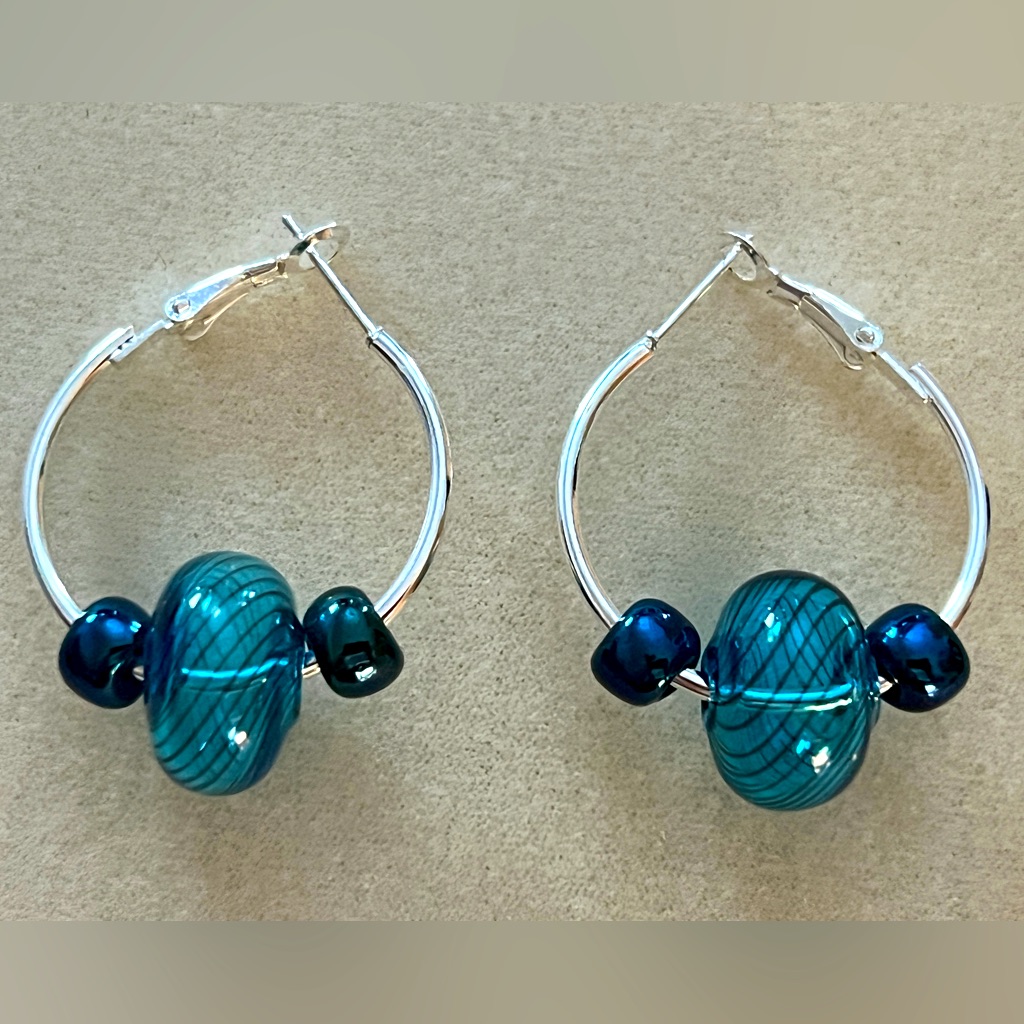 New Bright Blue & Cobalt Blue Striped Blown Glass Stainless Steel Hoop Earrings